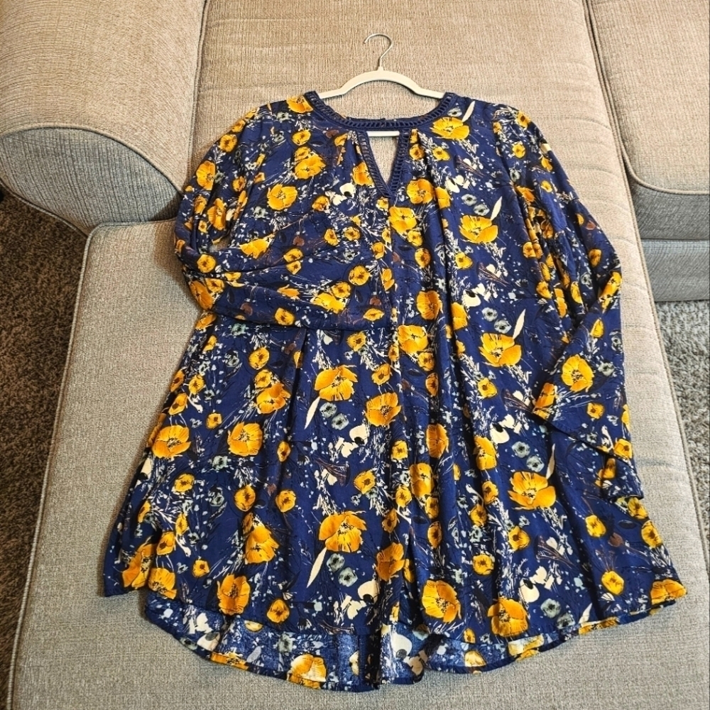 Umgee Boho Navy Blue Yellow Floral Casual A-Line Flare Sleeve Dress Size Small